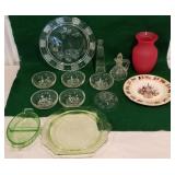 Green depression plates, clear glass bowls, cake