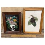2 piece art - Floral painting on foil & cherries