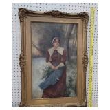 Folksy painting on canvas - lady gathering