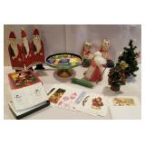 Christmas items, trees, cards, stuffed cats, cake