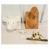 Pottery animal towel holders, & cat