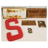 rusty advertising signs & plastic & brass "S"