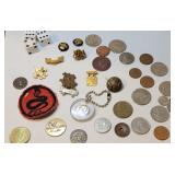 Coins, boy scout pins, etc