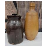 Small brown crock with lid and stoneware beer