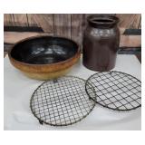 Box - 2 wire trivets, & 2 stoneware Crocks - 1 is