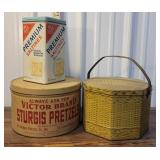 3 tins - biscuit, cracker, & pretzel