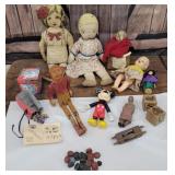 Box misc toys - ragdolls, Mickey mouse, blocks,