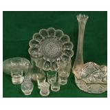 Clear glassware, vases, bowls, egg plate, shot
