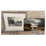 2 piece art - engraving & painting on board -
