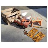 Tonka, license plates, bench, bucket