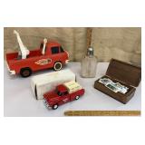 Die cast car bank, V-rooom! truck, flask,