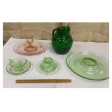 Pink & green depression glass & green MCM pitcher