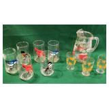Pitcher and glasses, bird glasses