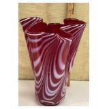 Art glass vase - red & white swirl