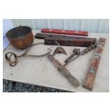 Levels, auger, ice tongs,etc