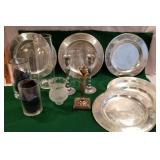 Candlestick holders, vases, shade, silver plates,