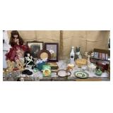 Box of misc households - dolls, cds, serverware,