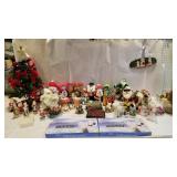 Christmas items, lights, tree, Santa figurines,