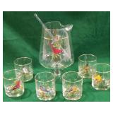 Pitcher with stir and 6 glasses with birds on