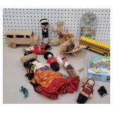 Box misc toys - dolls, bus, wooden car, etc