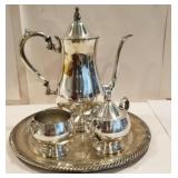Oneida silver teapot, sugar and creamer, tray