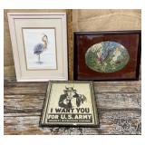 3 piece art - bird, U.S. Army & cross-stitch