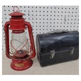 Old tin lunch box and Red Barn lantern