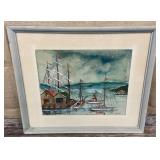 Harris signed watercolor - sailboats at pier