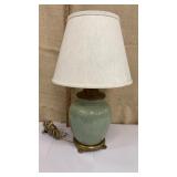 Heavy green glazed lamp w/ linen shade