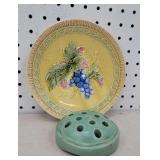 Pottery flower frog & Black Forest plate