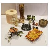 Owl items, salt and pepper shakers, cookie jar,