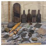 Great box of primitive kitchen utensils etc