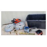 Tub lot - hub caps, hardware, tools, etc