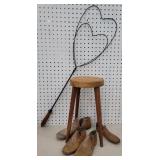 Tall milking stool, rug beater, and EJs shoe