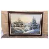 Artist signed painting on canvas - Winter cabin