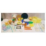 Retro bowls, cups, silverware, chopper,