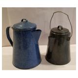 Blue speckled enamelware coffee pot, black
