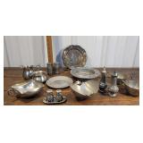 Box of pewter - salt and peppers, creamer and