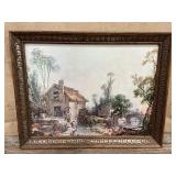 Framed print on board watermill w/ thatched roof