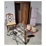 2 files, wardrobe, fan, oil cans, etc