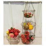Glass fruit basket with fruit , wire 3 tier