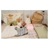 Nice basket with dolls, cabbage patch pillow,