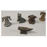 5 cast iron paperweights - dogs, anvil, and bells