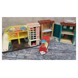 3 old Fisher-Price toys, train, service center,