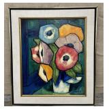 Artist signed floral painting on board approx