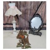 Retro lamp, plastic plaque, & Hong Kong mirror