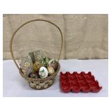 Easter basket w/ decorative eggs, egg tray etc