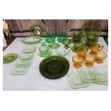 Daisy green and amber depression glass , cups and
