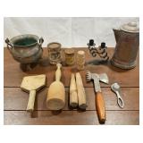 Wooden tools, advertising tins, copper teapot,