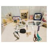 Lot of perfumes, soaps, pins, mirrors, scissors,